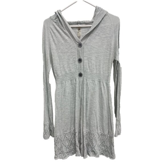 Lola Womens Hooded Longline Cardigan Medium Gray Crochet Button Front Casual - Picture 1 of 8